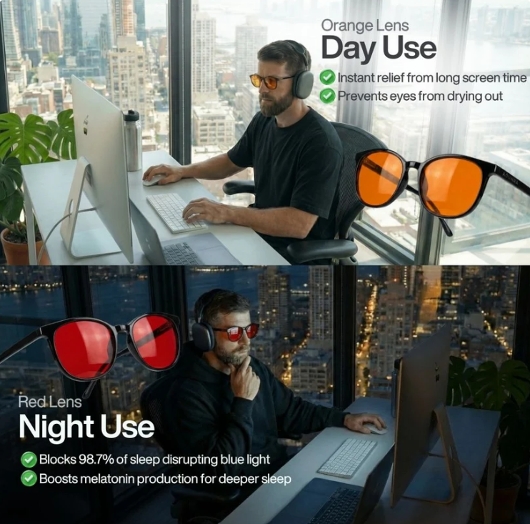 Flow® | Lunettes anti-lumière bleue unisexes à verres rouges.